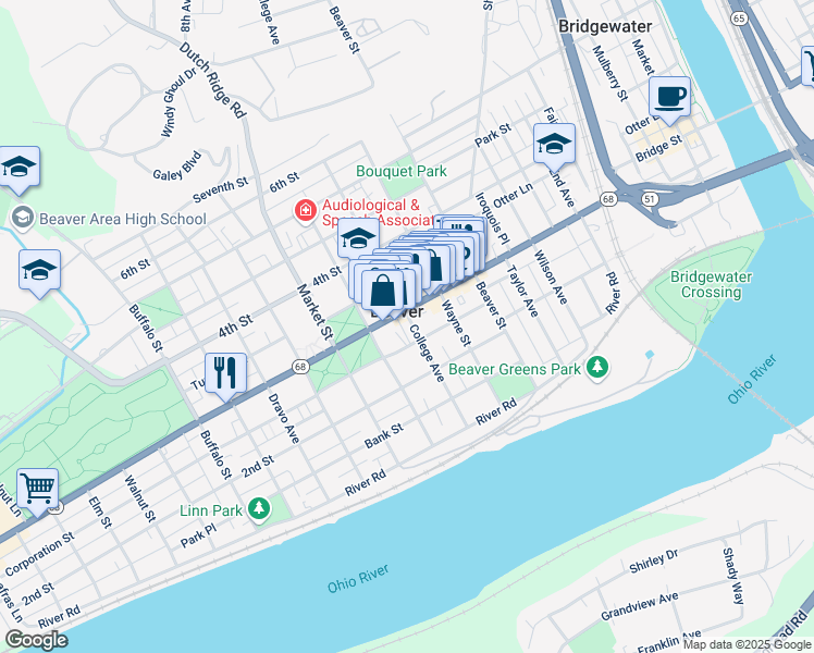 map of restaurants, bars, coffee shops, grocery stores, and more near 252 College Avenue in Beaver