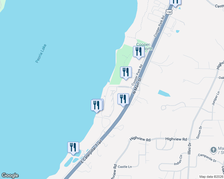 map of restaurants, bars, coffee shops, grocery stores, and more near 100 Mariners Way in East Peoria