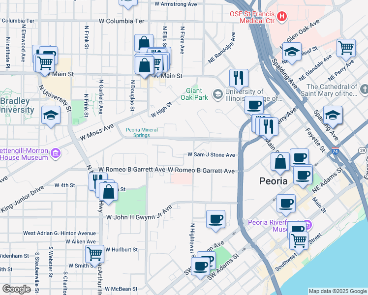 map of restaurants, bars, coffee shops, grocery stores, and more near 607 North Hightower Street in Peoria
