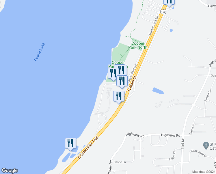 map of restaurants, bars, coffee shops, grocery stores, and more near 106 Harbor Pointe Drive in East Peoria