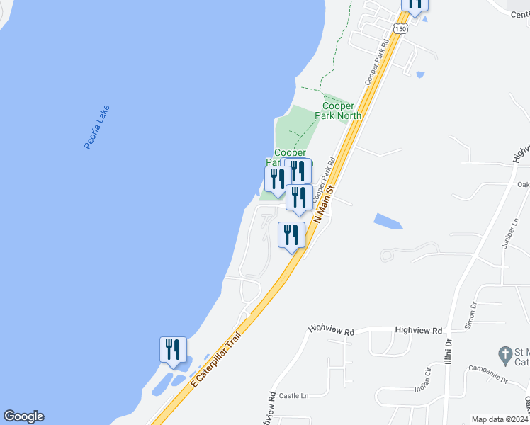 map of restaurants, bars, coffee shops, grocery stores, and more near 106 Harbor Pointe Drive in Peoria