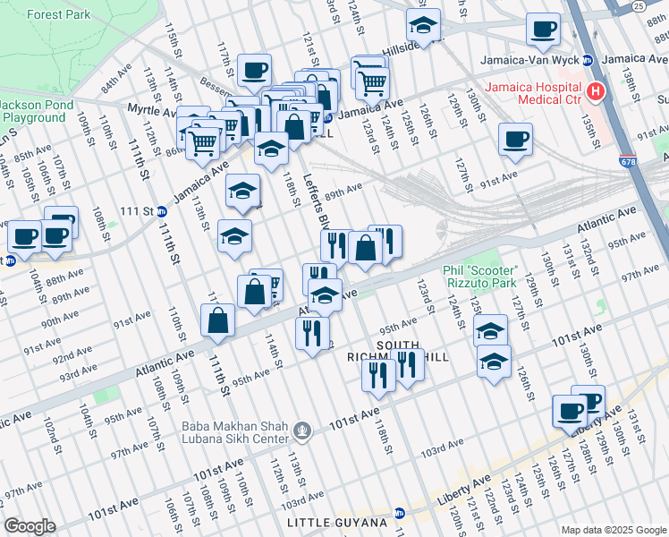 map of restaurants, bars, coffee shops, grocery stores, and more near 91-32 Lefferts Boulevard in Queens