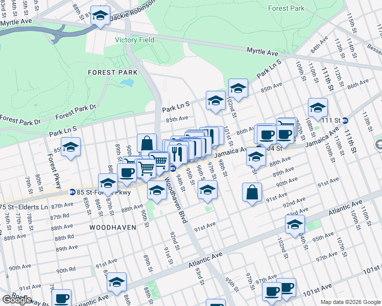 map of restaurants, bars, coffee shops, grocery stores, and more near in Queens