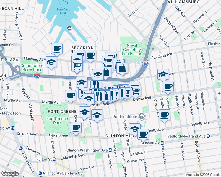 map of restaurants, bars, coffee shops, grocery stores, and more near in Brooklyn