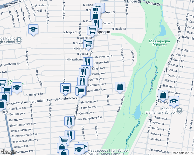 map of restaurants, bars, coffee shops, grocery stores, and more near 183 North Suffolk Avenue in Massapequa