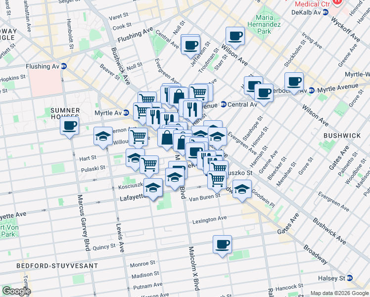 map of restaurants, bars, coffee shops, grocery stores, and more near 12 Lawton Street in Brooklyn
