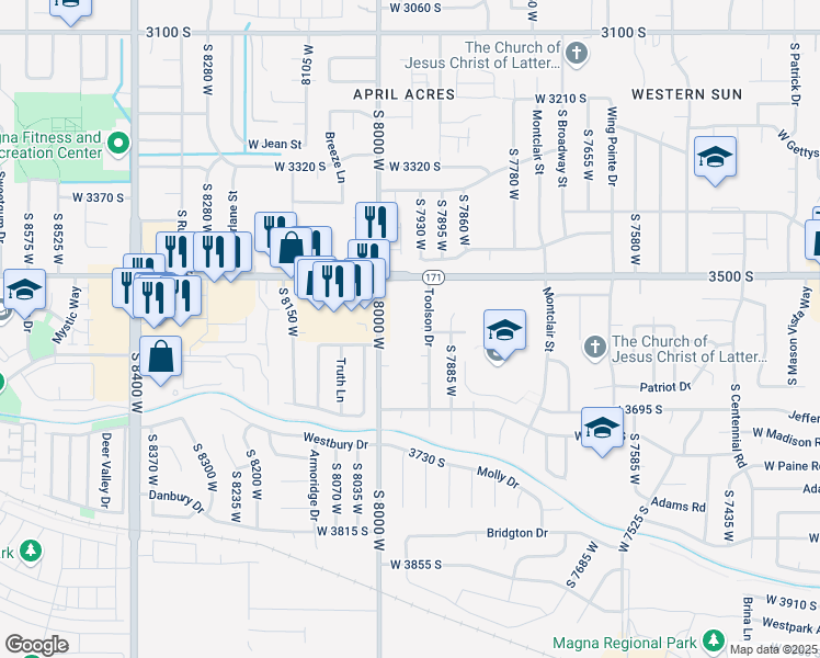 map of restaurants, bars, coffee shops, grocery stores, and more near 3567 South 8000 West in Magna