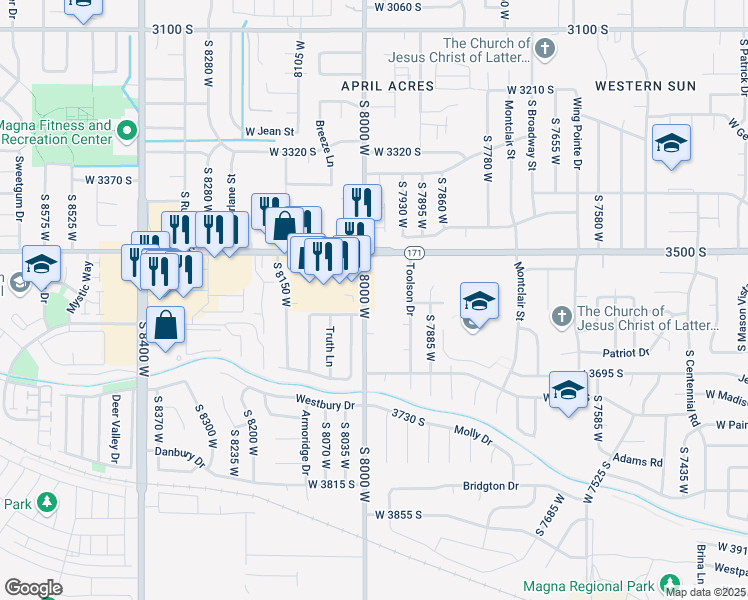 map of restaurants, bars, coffee shops, grocery stores, and more near 3567 South 8000 West in Magna