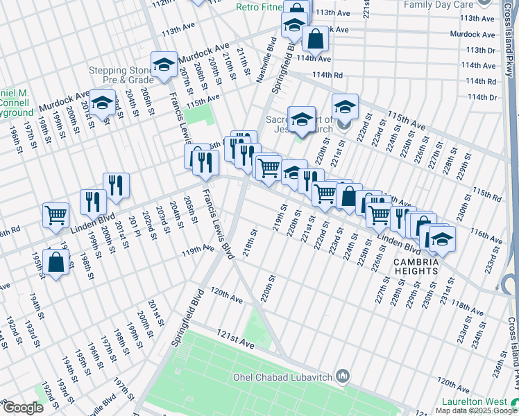 map of restaurants, bars, coffee shops, grocery stores, and more near 22 117th Road in Queens