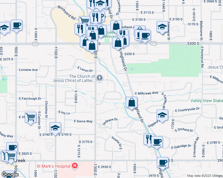 map of restaurants, bars, coffee shops, grocery stores, and more near 1373 East Brookshire Drive in Millcreek