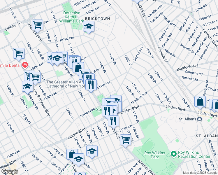 map of restaurants, bars, coffee shops, grocery stores, and more near 111-15 173rd Street in Queens