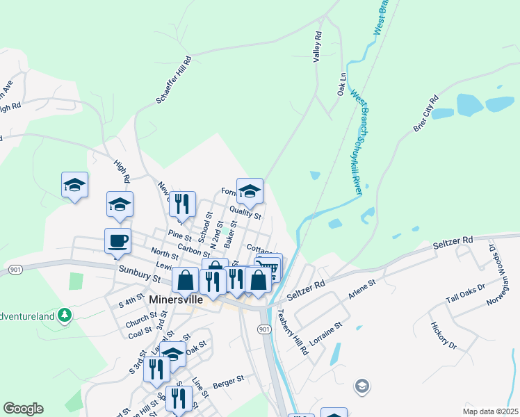 map of restaurants, bars, coffee shops, grocery stores, and more near 613 North Front Street in Minersville