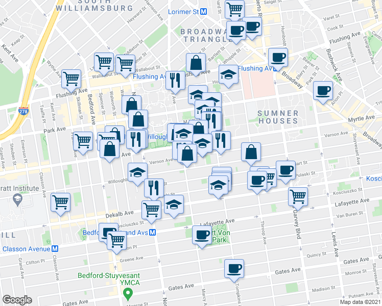 map of restaurants, bars, coffee shops, grocery stores, and more near 89 Vernon Avenue in Brooklyn