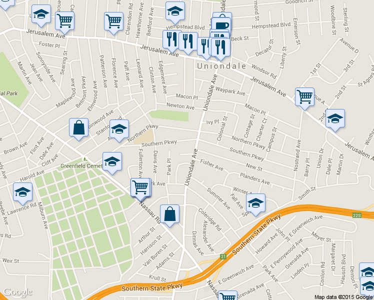 map of restaurants, bars, coffee shops, grocery stores, and more near 627 Spuhler Place in Uniondale