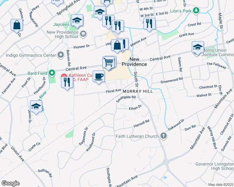map of restaurants, bars, coffee shops, grocery stores, and more near 82 Floral Avenue in New Providence