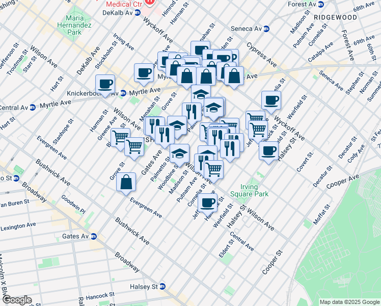 map of restaurants, bars, coffee shops, grocery stores, and more near 242 Woodbine Street in Brooklyn