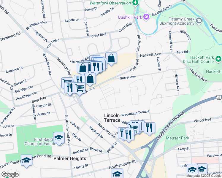 map of restaurants, bars, coffee shops, grocery stores, and more near 25 Lynwood Avenue in Easton