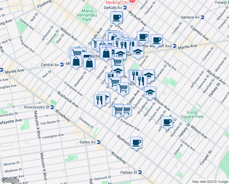 map of restaurants, bars, coffee shops, grocery stores, and more near 344 Central Avenue in Brooklyn
