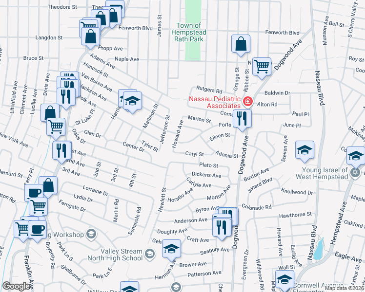 map of restaurants, bars, coffee shops, grocery stores, and more near 821 Forte Boulevard in Franklin Square