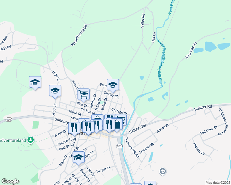 map of restaurants, bars, coffee shops, grocery stores, and more near 601 North Front Street in Minersville