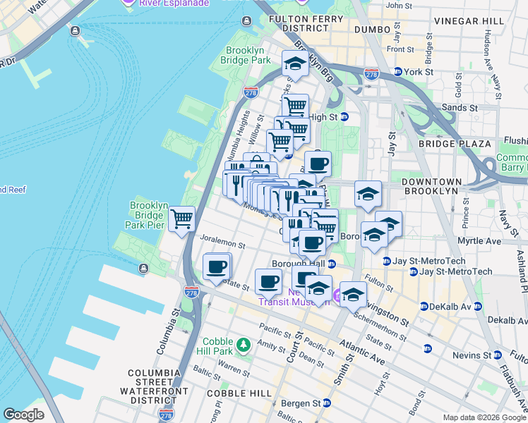 map of restaurants, bars, coffee shops, grocery stores, and more near Montague Street in Brooklyn