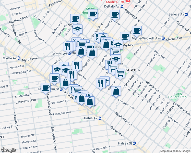 map of restaurants, bars, coffee shops, grocery stores, and more near 1157 Greene Avenue in Brooklyn