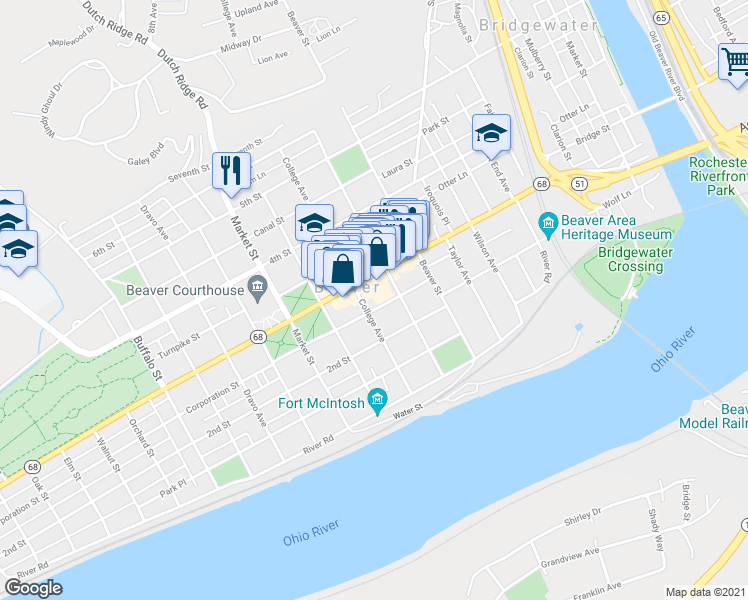map of restaurants, bars, coffee shops, grocery stores, and more near 252 College Avenue in Beaver