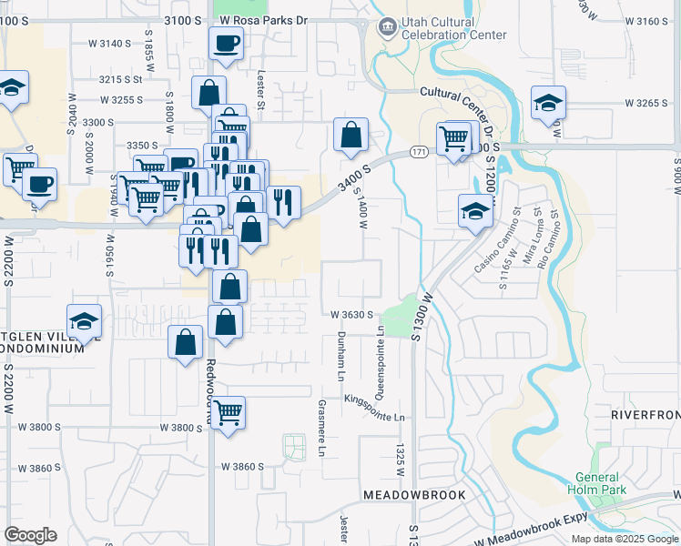 map of restaurants, bars, coffee shops, grocery stores, and more near 3577 Kingdom Court in West Valley City