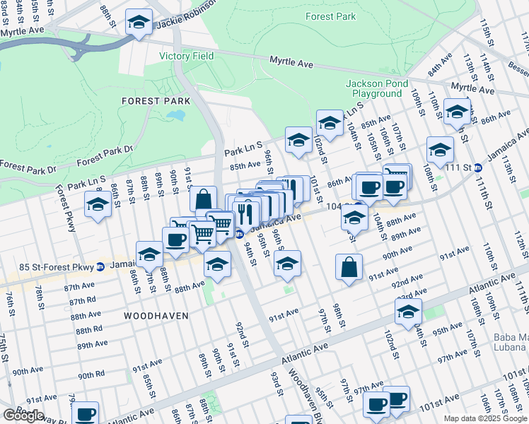 map of restaurants, bars, coffee shops, grocery stores, and more near 94-32 86th Road in Queens