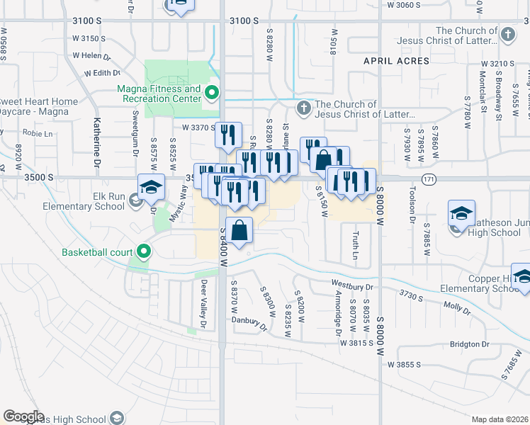 map of restaurants, bars, coffee shops, grocery stores, and more near 8289 West 3500 South in Magna