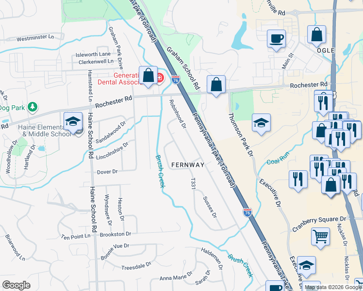 map of restaurants, bars, coffee shops, grocery stores, and more near 217 Sherwood Drive in Cranberry Township