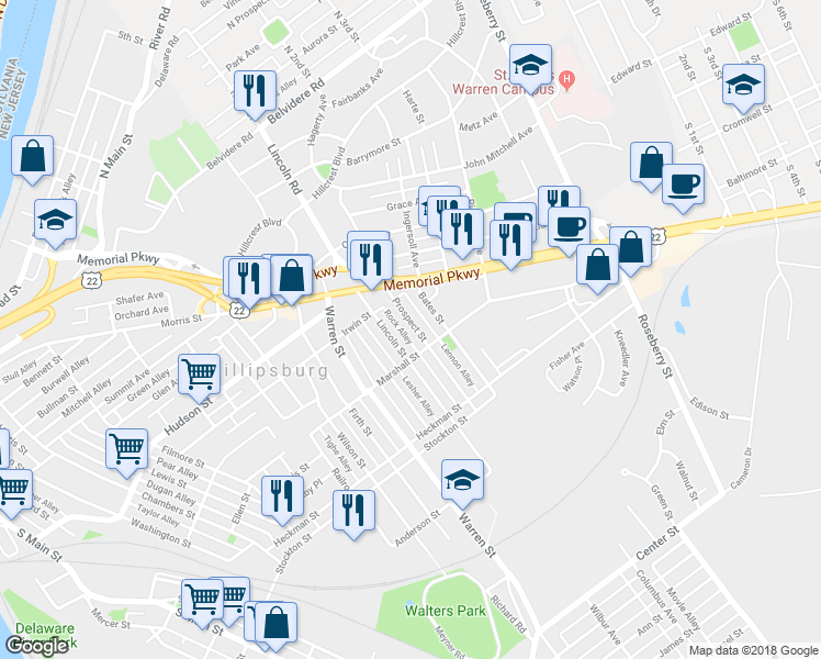map of restaurants, bars, coffee shops, grocery stores, and more near 298 Prospect Street in Phillipsburg