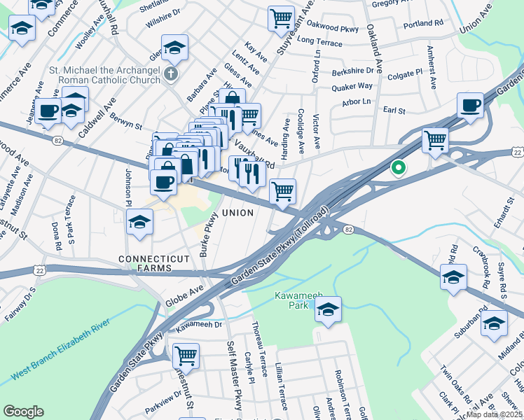 map of restaurants, bars, coffee shops, grocery stores, and more near 1884 New Jersey 82 in Union