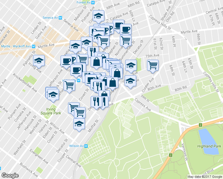 map of restaurants, bars, coffee shops, grocery stores, and more near 16-36 Decatur Street in Queens
