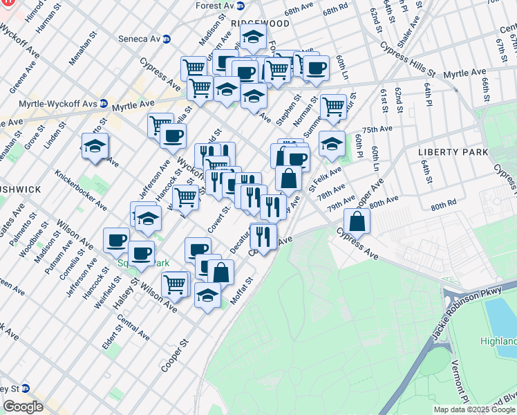 map of restaurants, bars, coffee shops, grocery stores, and more near 16-14 Summerfield Street in Queens