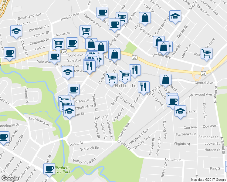 map of restaurants, bars, coffee shops, grocery stores, and more near 205 Boston Avenue in Hillside