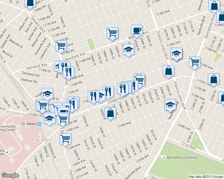 map of restaurants, bars, coffee shops, grocery stores, and more near 116-11 197th Street in Queens
