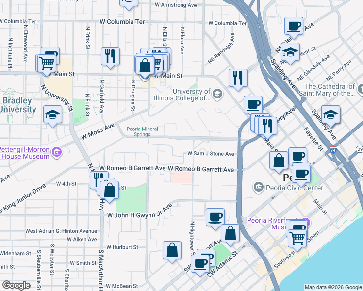 map of restaurants, bars, coffee shops, grocery stores, and more near 607 North Hightower Street in Peoria