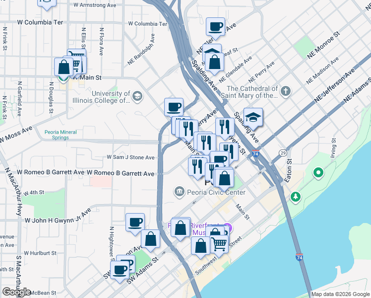 map of restaurants, bars, coffee shops, grocery stores, and more near 607 Main Street in Peoria