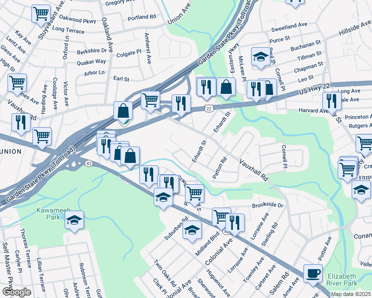 map of restaurants, bars, coffee shops, grocery stores, and more near 1133 Reeves Terrace in Union