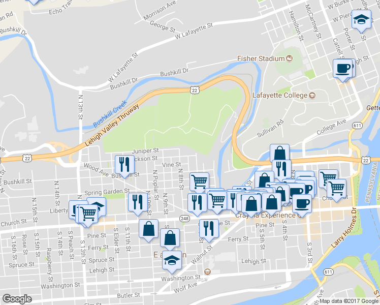 map of restaurants, bars, coffee shops, grocery stores, and more near 711 Jackson Street in Easton