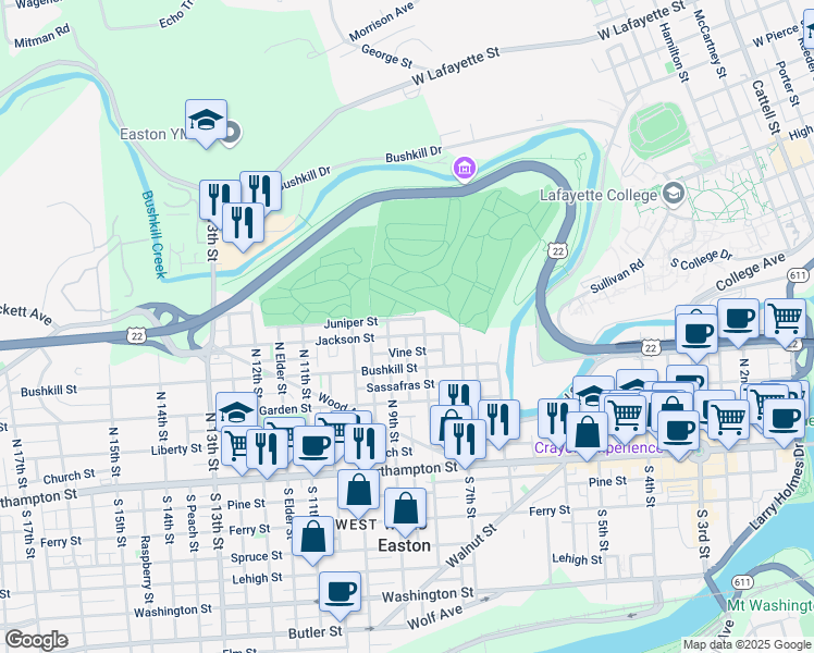 map of restaurants, bars, coffee shops, grocery stores, and more near 813 Jackson Street in Easton