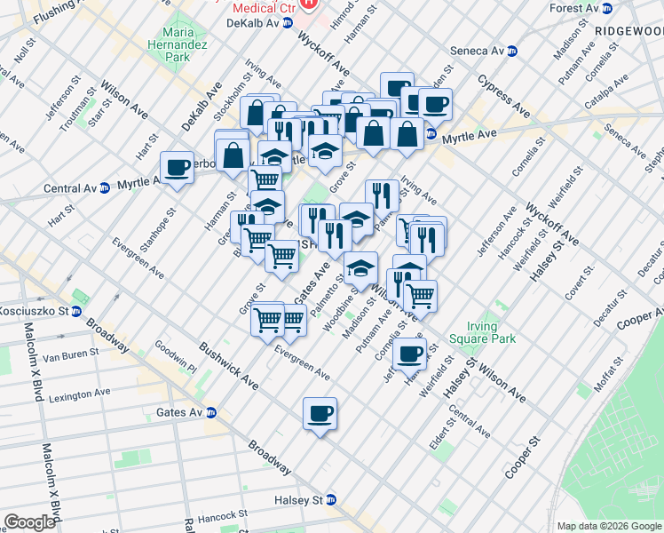 map of restaurants, bars, coffee shops, grocery stores, and more near 1329 Gates Avenue in Brooklyn