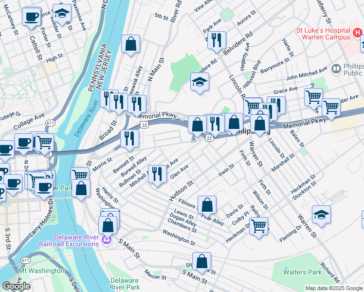 map of restaurants, bars, coffee shops, grocery stores, and more near 294 Morris Street in Phillipsburg