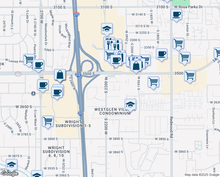 map of restaurants, bars, coffee shops, grocery stores, and more near 2170 3590 South in West Valley City