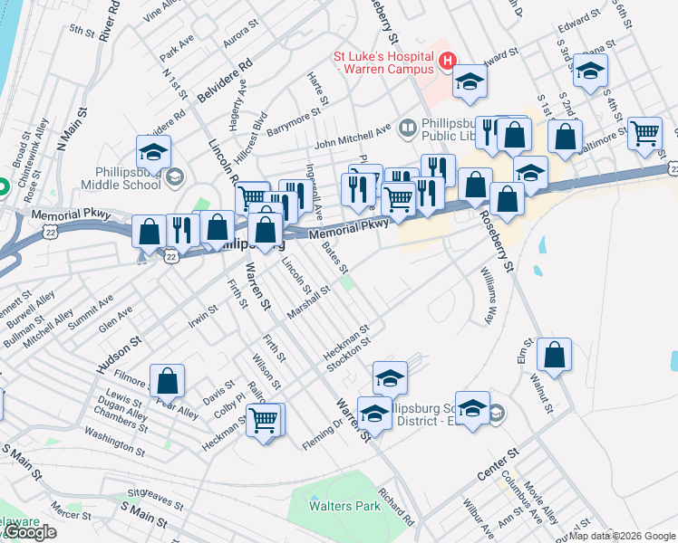 map of restaurants, bars, coffee shops, grocery stores, and more near 318 Bates Street in Phillipsburg
