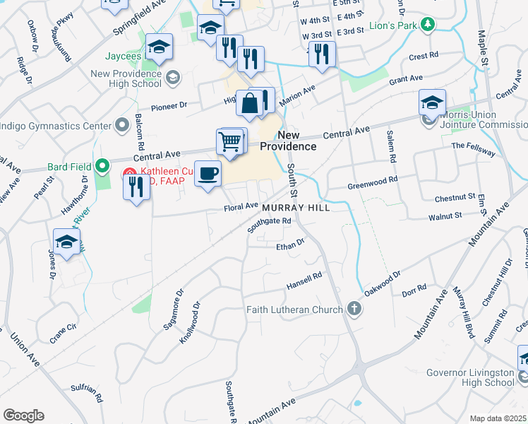 map of restaurants, bars, coffee shops, grocery stores, and more near Foley Place in New Providence