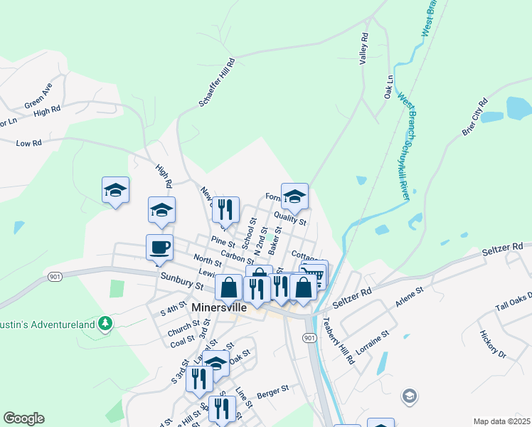 map of restaurants, bars, coffee shops, grocery stores, and more near 618 North 2nd Street in Minersville