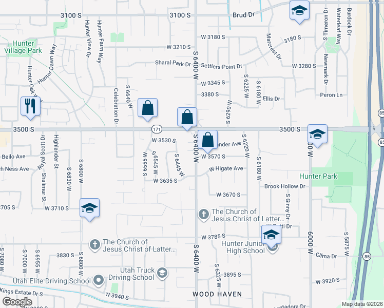 map of restaurants, bars, coffee shops, grocery stores, and more near 3566 S 6400 W in West Valley City