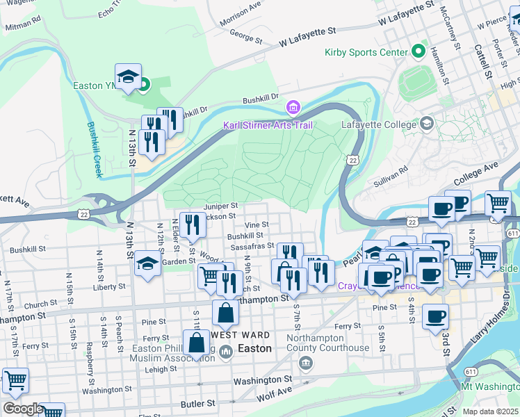 map of restaurants, bars, coffee shops, grocery stores, and more near 813 Jackson Street in Easton